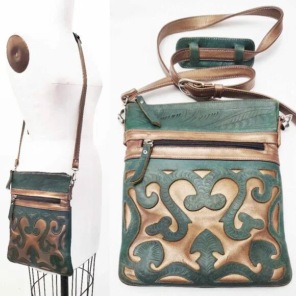 Leaders in Leather Skinny Crossbody Shoulder Bag Tote Cutout Tooled Leather - Picture 1 of 11